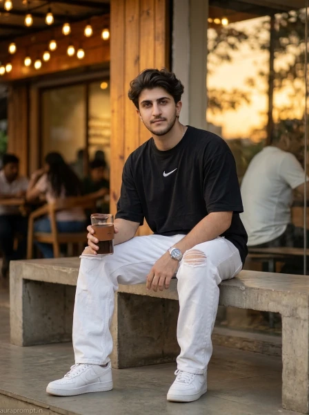 Gemini AI photo prompt copy paste trending boy wearing black Nike oversized tee and white ripped jeans at outdoor café with warm evening light