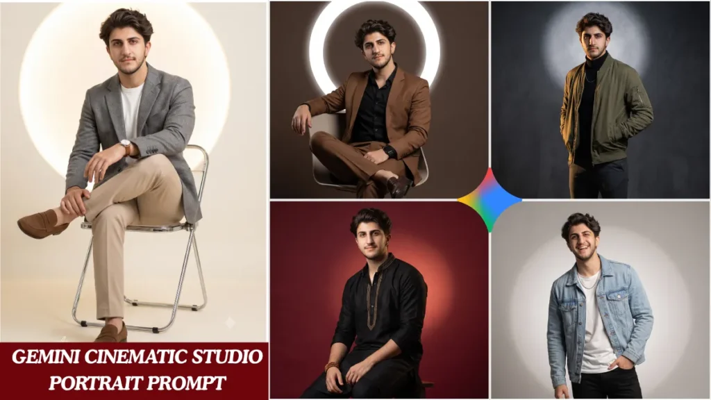 Collage of five gemini cinematic studio portrait prompt results showing different outfits and lighting for boys