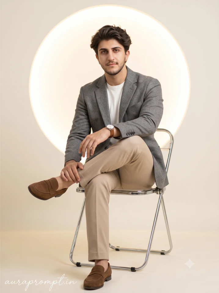 Studio portrait prompt showing grey blazer look with glowing circular backdrop