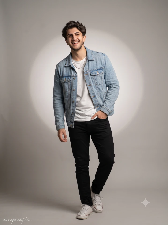 Gemini prompt output of denim jacket portrait with soft cinematic side light
