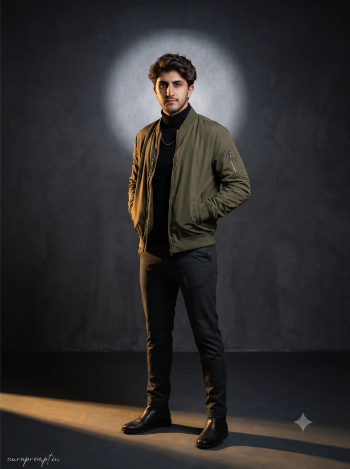 Gemini ai portrait prompt result in olive bomber jacket under moody studio glow