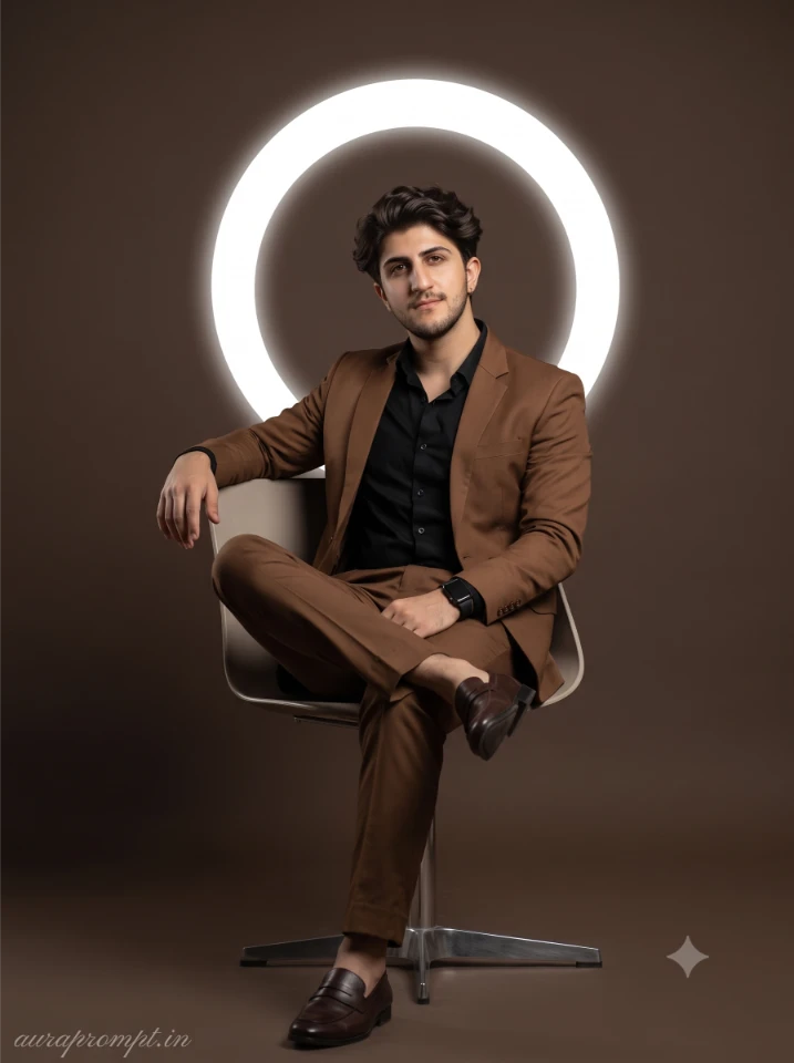 Gemini ai photo prompt result showing boy in brown tailored suit with amber studio lighting