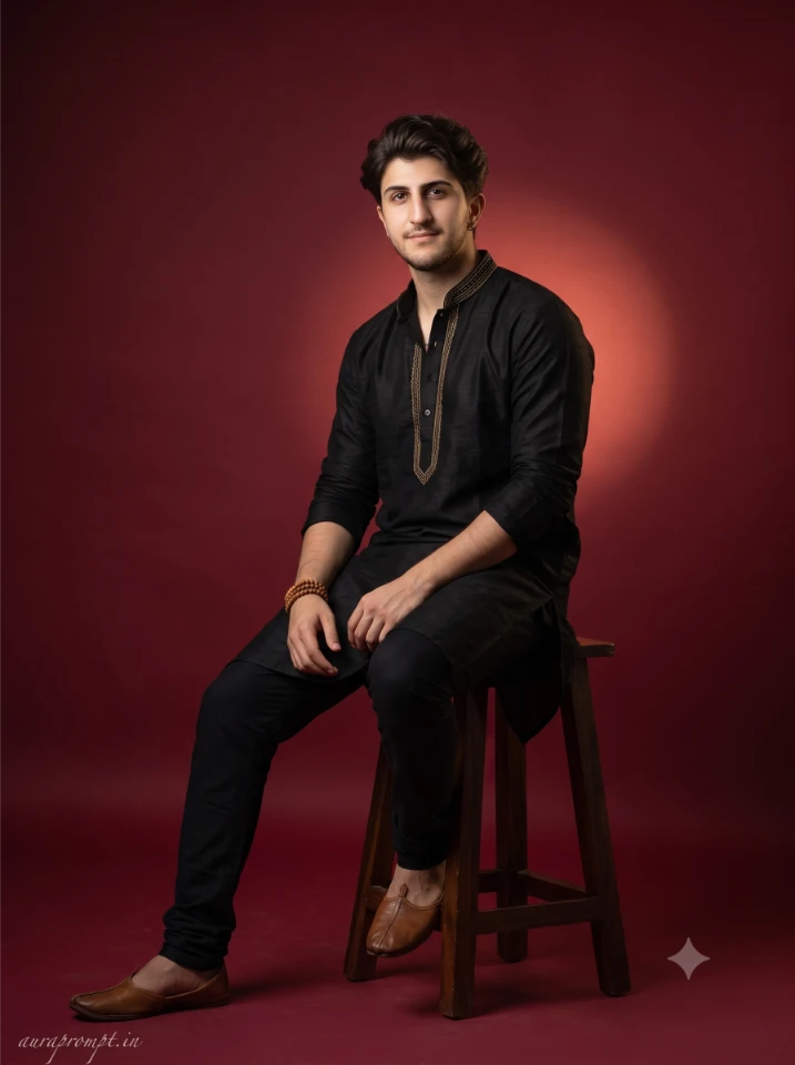 Cinematic portrait prompt showing black kurta look with warm rim lighting on chair