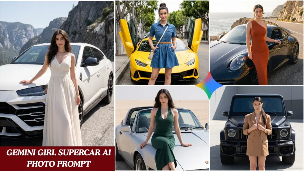 Copy these 5 gemini girl supercar ai photo prompts for cinematic luxury car edits.