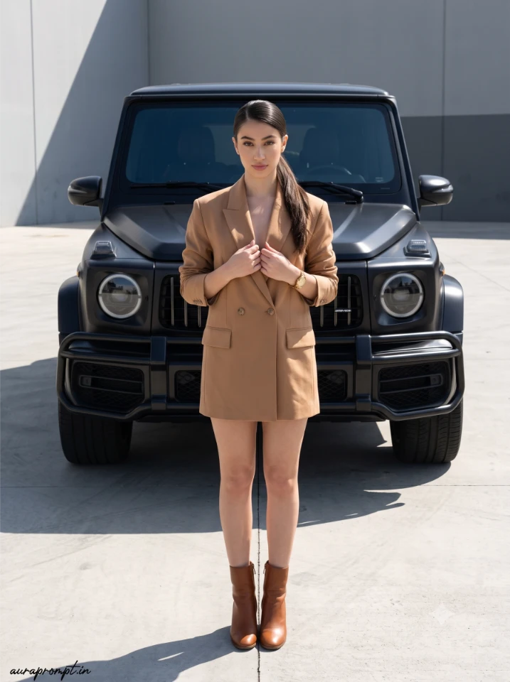Mercedes G Wagon girl prompt Indian girl in caramel blazer dress leaning against a matte black Mercedes G Wagon on a wide concrete plaza at midday