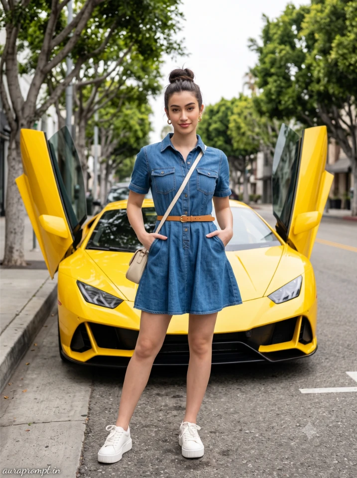 Girl Lamborghini ai prompt Indian girl in denim dress with silver accessories posing beside a yellow Lamborghini Huracán on a wide urban boulevard