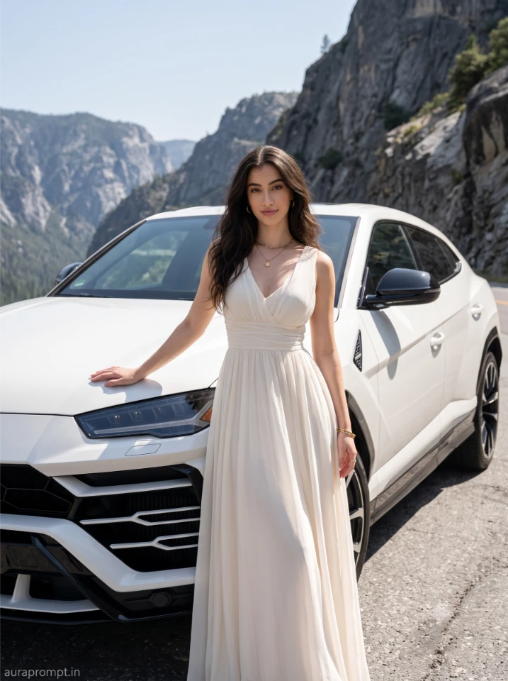 Gemini girl supercar ai photo prompt Indian girl in ivory maxi dress leaning against a white Lamborghini Urus on an empty mountain road at noon