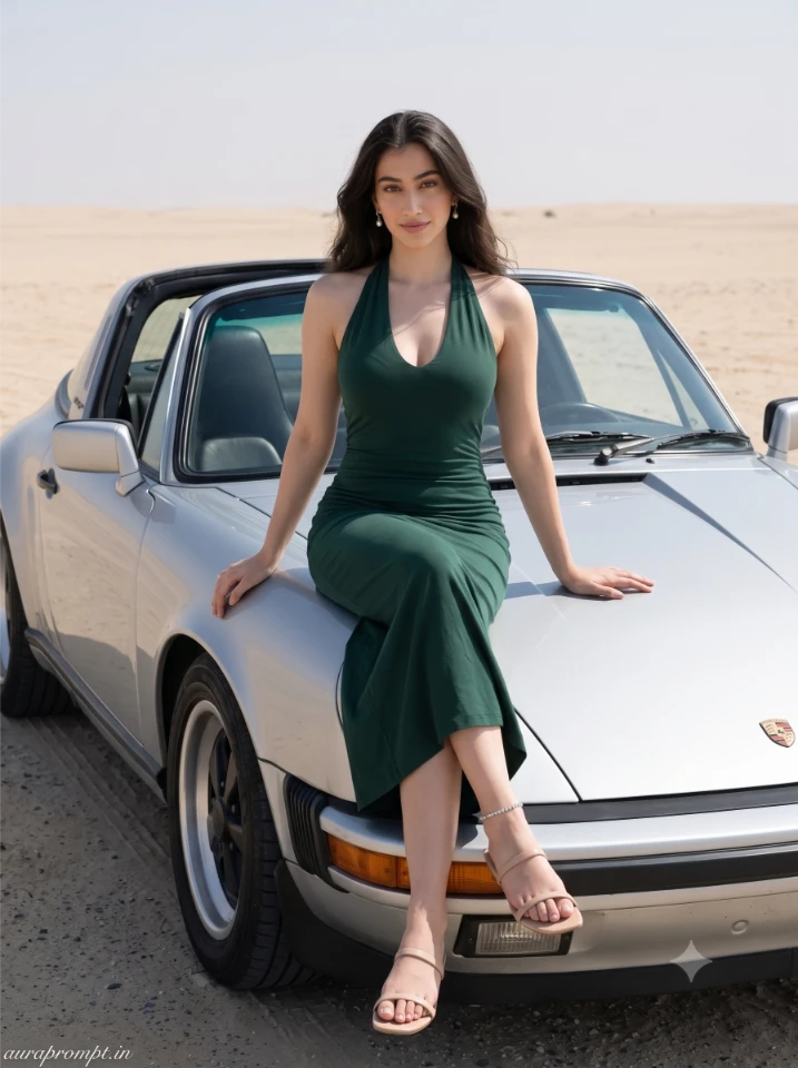 Porsche girl ai photo prompt girl in deep green halterneck dress seated on hood of a silver Porsche 911 in an empty open desert landscape