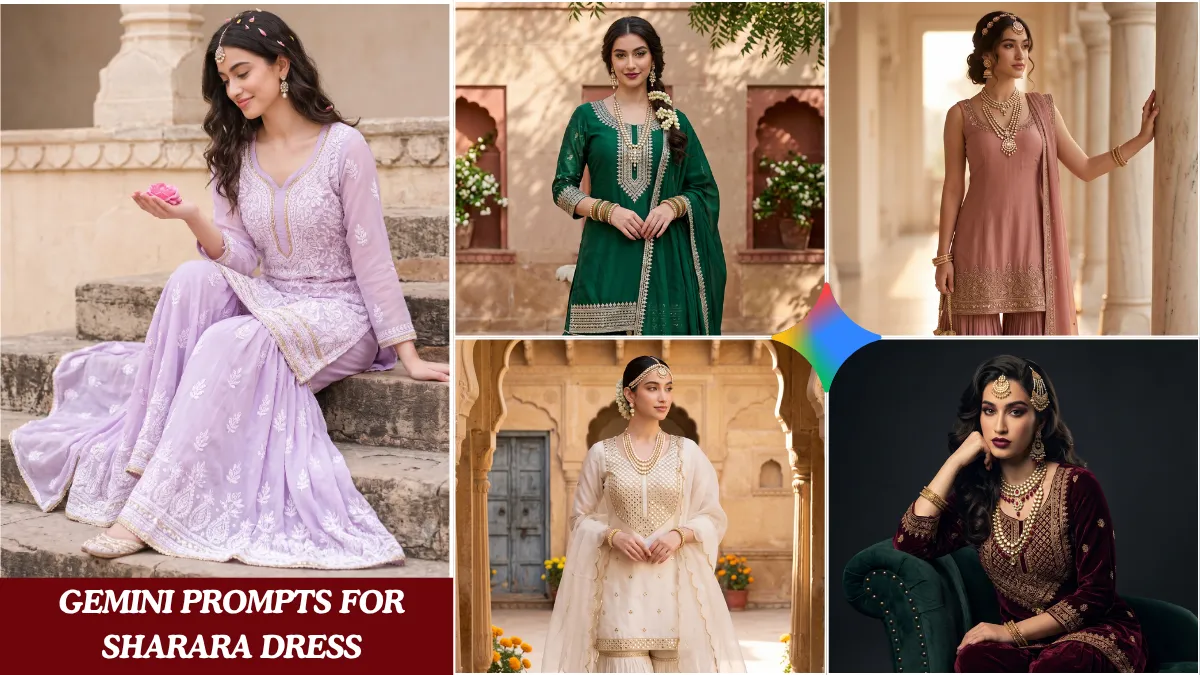 A cinematic gemini photo editing prompts result showing an Indian girl in a royal editorial fashion finish.
