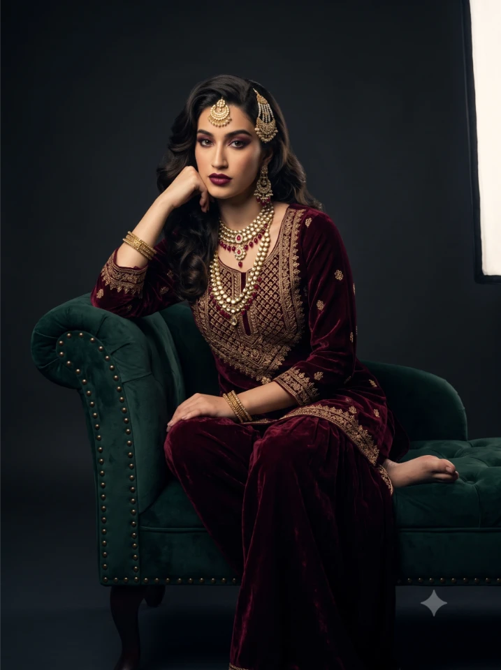 Gemini fashion prompt showing a young Indian woman in deep burgundy sharara with dramatic side lighting and luxury editorial color grading.