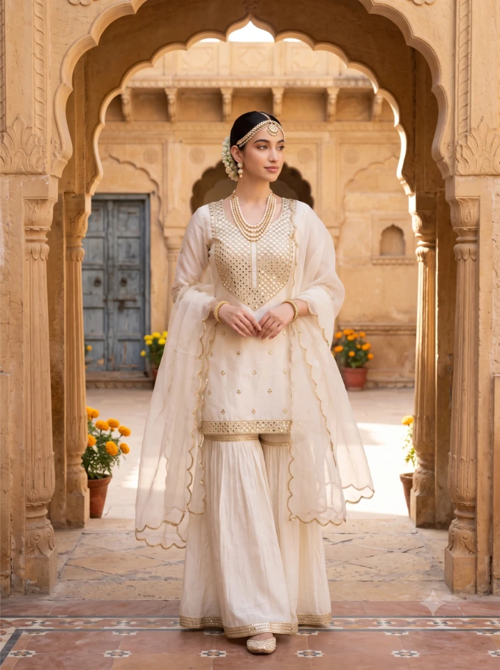 Indian ethnic AI prompt result featuring a girl in ivory and gold sharara dress inside a royal Mughal arch with cinematic warm tones.