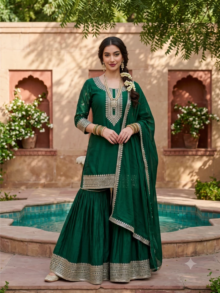 Sharara dress AI prompt output showing a young woman in emerald green traditional sharara with soft diffused natural light and Pinterest aesthetic feel.