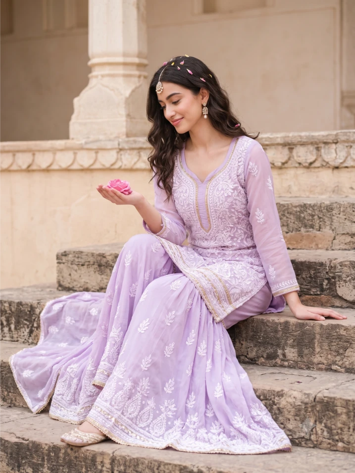 Cinematic portrait prompt output of Indian girl in pastel lavender sharara dress sitting on vintage stone steps with soft overcast daylight.