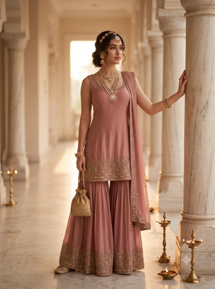 Gemini photo editing prompts result of Indian girl in dusty rose sharara dress standing in a marble palace corridor with warm ambient lighting.