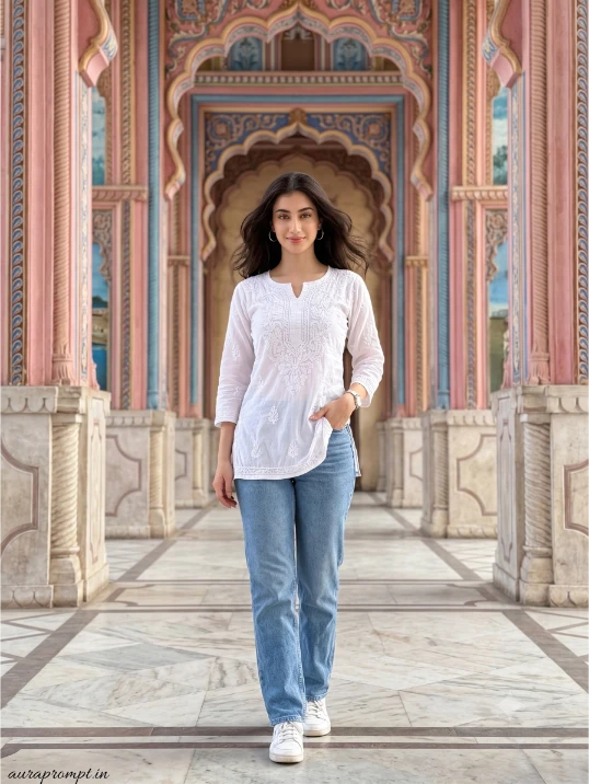 Indian girl wearing white embroidered kurti and light blue straight denim jeans standing at Jaipur Patrika Gate in natural daylight for Gemini AI photo prompt