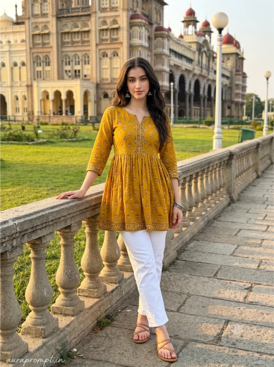 Indian girl in mustard yellow anarkali kurti and white denim jeans sitting at Mysore Palace garden for Gemini AI kurti photo editing prompt editorial shoot