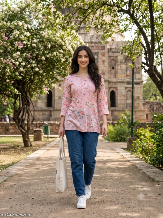 Young woman in pastel floral rayon kurti and dark blue mom fit jeans walking through Lodhi Garden Delhi in iPhone RAW fashion photography style