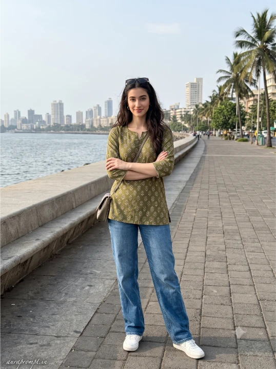 Indian woman in olive green printed kurti and blue denim jeans standing at Marine Drive Mumbai with crossed arms for Gemini AI kurti photo editing prompt