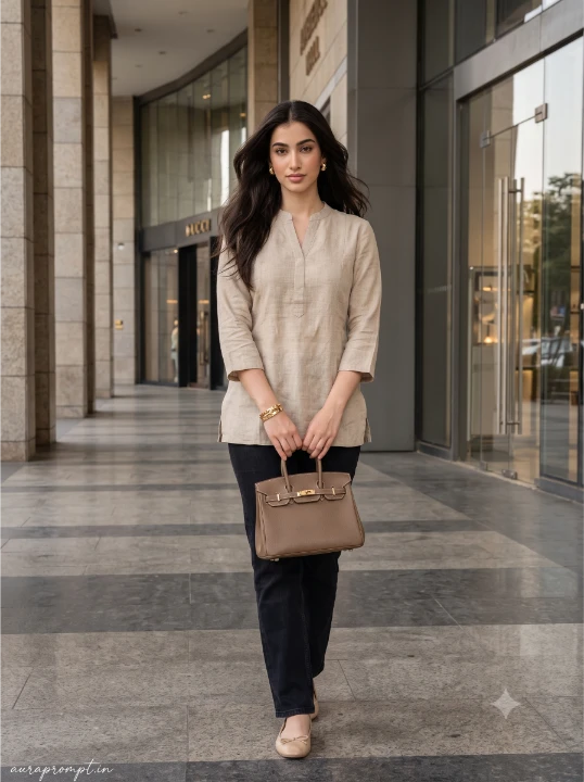 Stylish Indian girl in beige linen kurti and black straight denim jeans posing outside Ambience Mall Gurgaon storefront with a handbag for Gemini fashion photo prompt