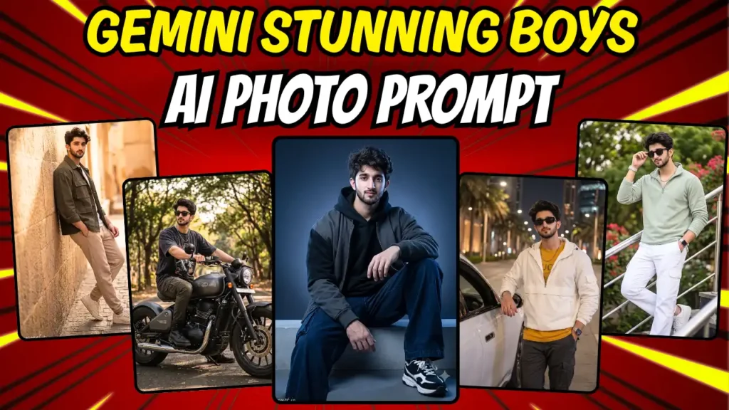 Collage of 5 viral Gemini AI photo editing prompts for boys showing cinematic Indian men in streetwear, luxury fashion, and outdoor lifestyle looks for Instagram 2026