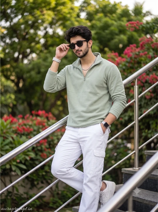 Young Indian man in light green quarter-zip sweater white cargo pants leaning on silver staircase railing cinematic Gemini AI photo editing prompt
