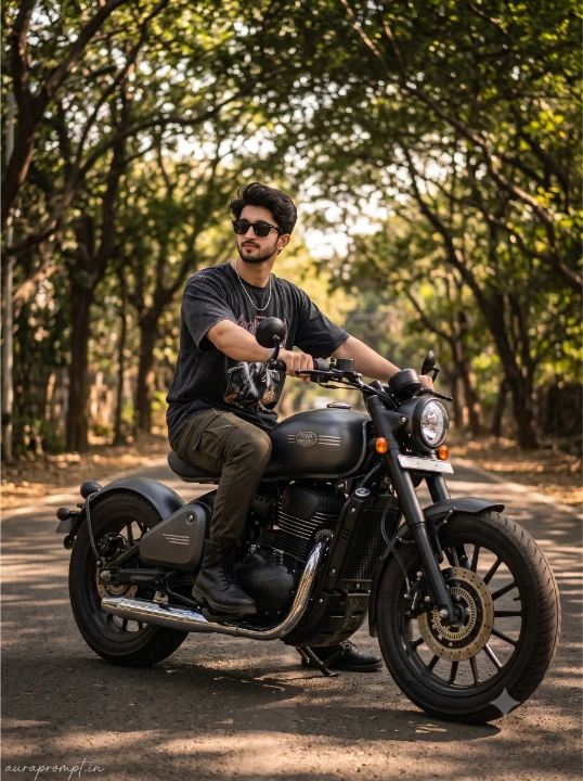 Stylish Indian man sitting on Jawa 42 bobber motorcycle under green trees full-body realistic Gemini AI photo editing prompt for boys 2026