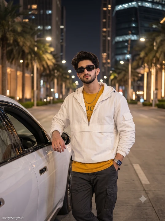 Indian boy in navy blue Gucci streetwear outfit leaning on white BMW i7 luxury car at night city street Gemini AI photo editing prompt