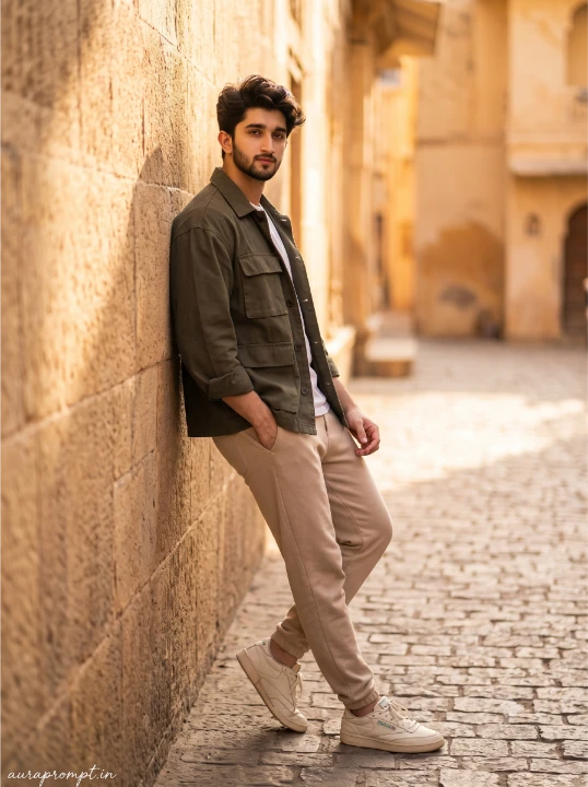 Indian boy in dark olive utility jacket leaning on sandstone wall using Gemini AI photo editing prompt cinematic outdoor look