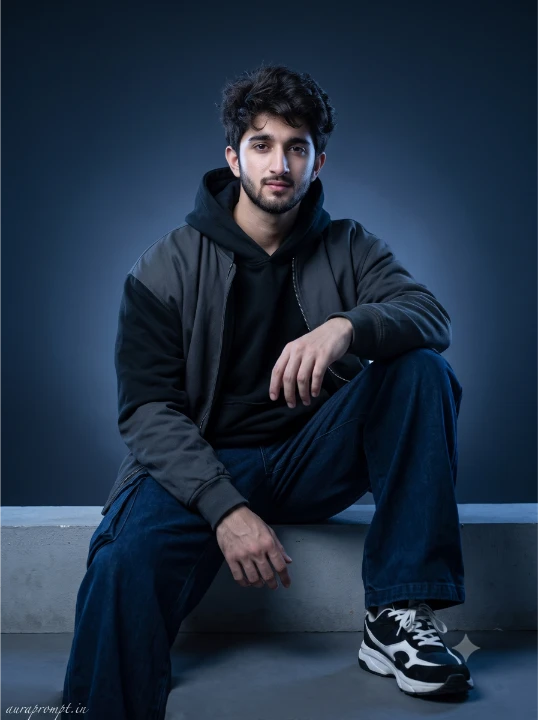 South Asian boy in dark premium kurta layered with structured jacket festive editorial Gemini AI photo editing prompt realistic portrait