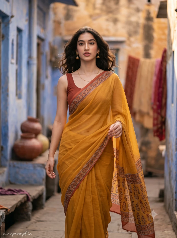 Young Indian woman in mustard yellow chiffon saree standing in an old Rajasthani market lane, cinematic retro saree AI photo prompt