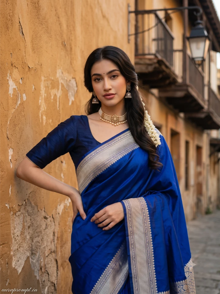 Indian woman in royal blue embroidered saree against a warm amber bazaar backdrop, 1960s retro Indian fashion Bollywood cinematic look