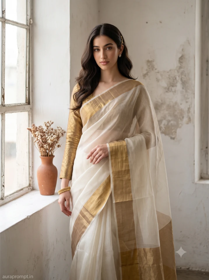 Indian girl in ivory white organza saree with gold border, face tilted toward natural light, traditional saree portrait, Gemini AI photo prompt