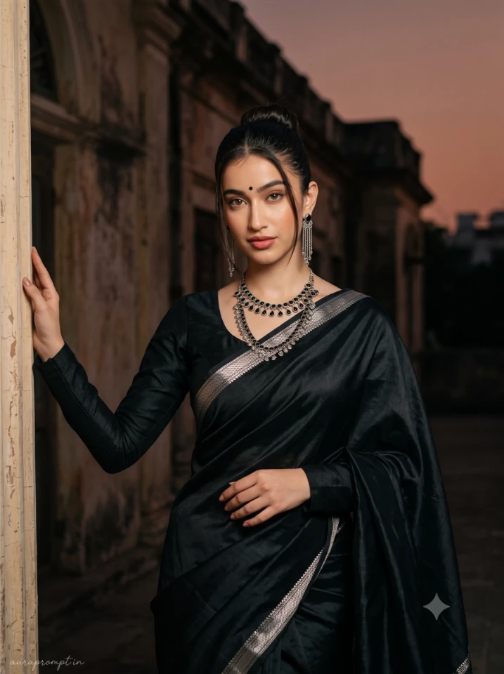 Indian girl in deep black silk saree with silver zari border standing against a warm amber colonial building facade at dusk, prompt seen girl saree Gemini AI retro Bollywood cinematic portrait