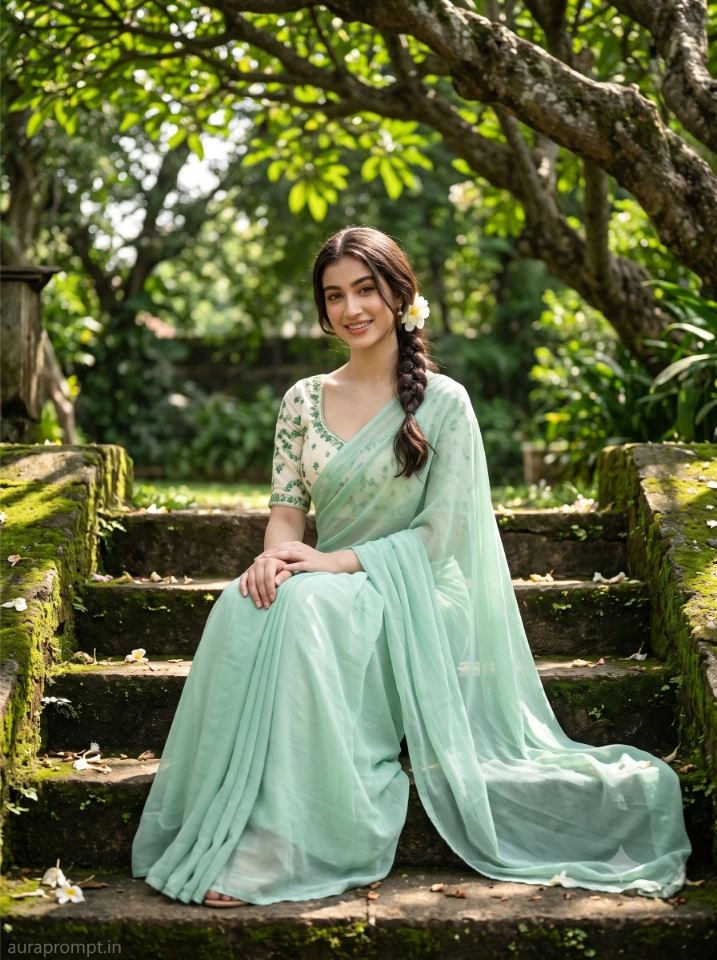 Indian girl in pastel green vintage saree sitting on stone steps with white flower in hair, natural skin texture, vintage saree photography prompt