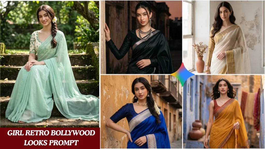 Best prompt seen girl saree for Gemini AI in 2026. retro Bollywood saree prompts for Indian girls on Instagram Post and Pinterest.