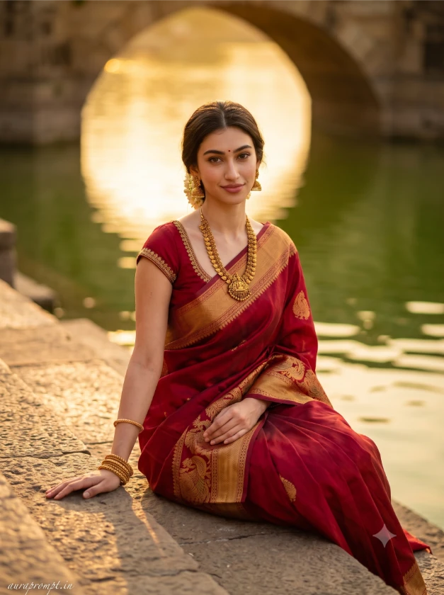 South Indian girl in deep crimson Kanjivaram silk saree seated on stone temple steps, warm golden hour light, south indian girl ai photo prompt