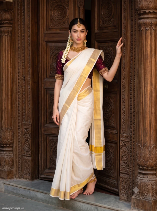 South Indian girl in ivory white Kerala kasavu saree with gold zari border standing in carved wooden doorway, gemini ai photo prompt result