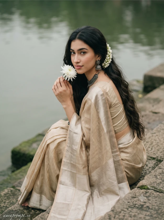 South Indian girl in beige champagne gold Kanjivaram tissue saree seated on ancient riverside ghat steps holding white chrysanthemum flower, south indian girl ai photo prompt cinematic film aesthetic