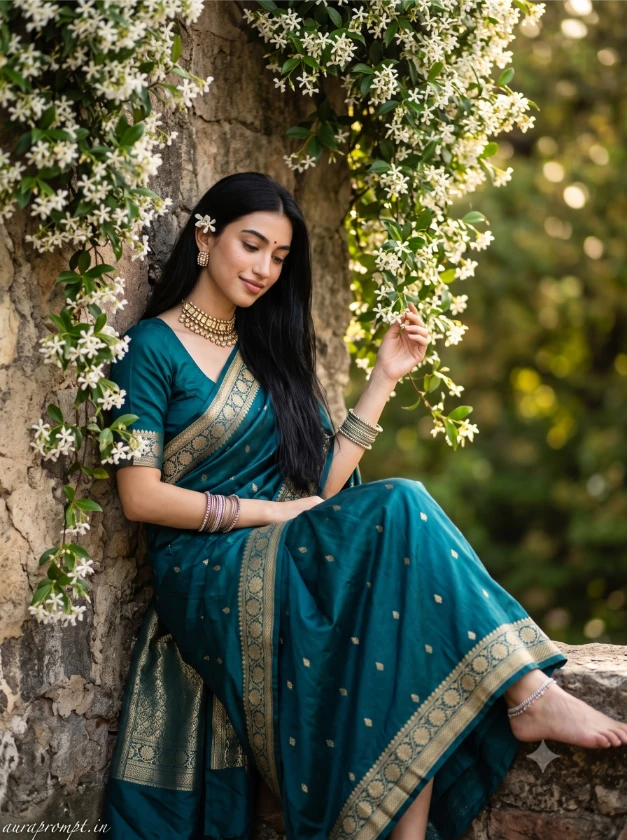 South Indian girl in teal Banarasi saree with heavy gold temple jewellery leaning against weathered stone wall, hyper realistic indian girl prompt
