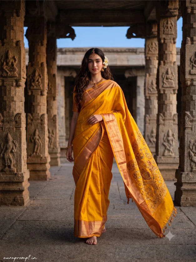 South Indian girl in mustard yellow tissue saree walking barefoot through temple courtyard at blue hour, instagram trending south indian girl prompt