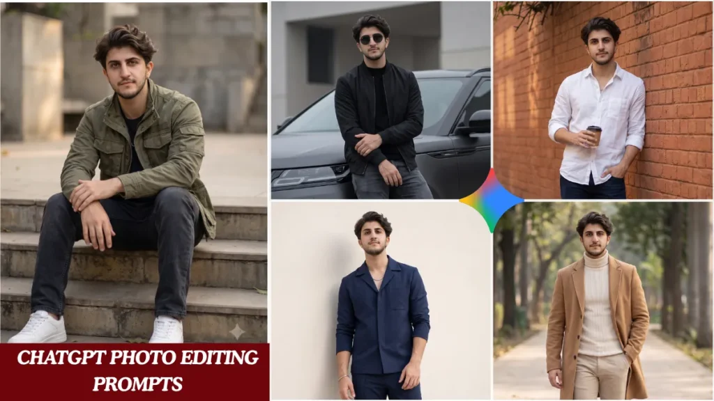 Trending ChatGPT photo editing prompts for boys showing a young Indian man in a dark branded outfit with cinematic natural lighting and Pinterest-style pose