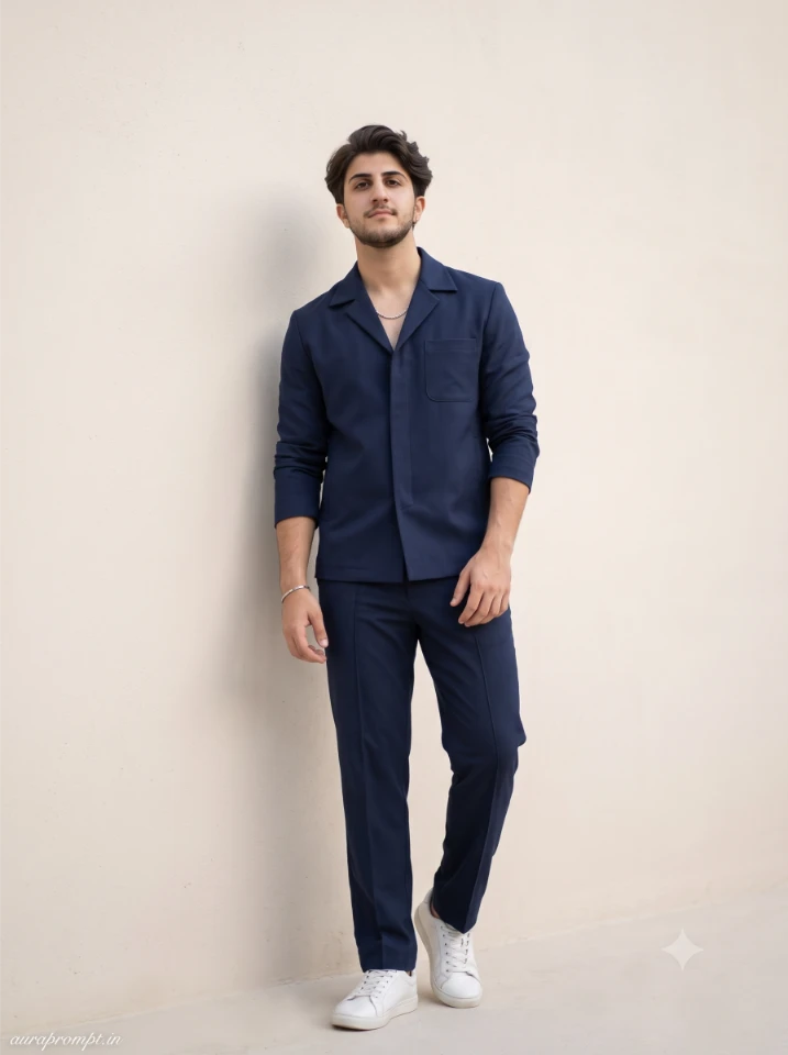 Hyper realistic male portrait prompt Indian man in navy blue co-ord set standing at a minimalist outdoor wall with golden editorial light and natural pores