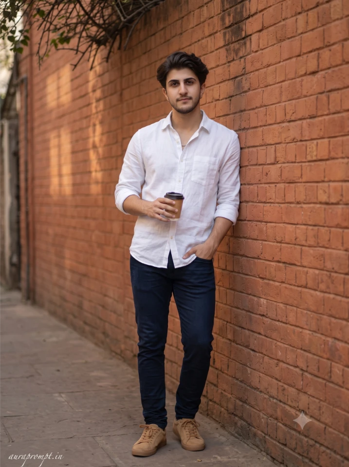 AI photo editing prompt for boys man in white linen shirt and dark jeans standing against a warm brick wall with shallow depth of field and Pinterest pose