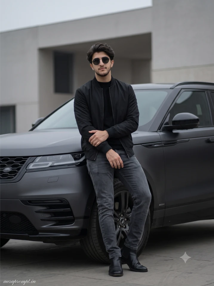 Viral ChatGPT image prompt for men Indian boy in black bomber jacket leaning on a matte dark car hood with moody cinematic lighting and sharp jawline detail