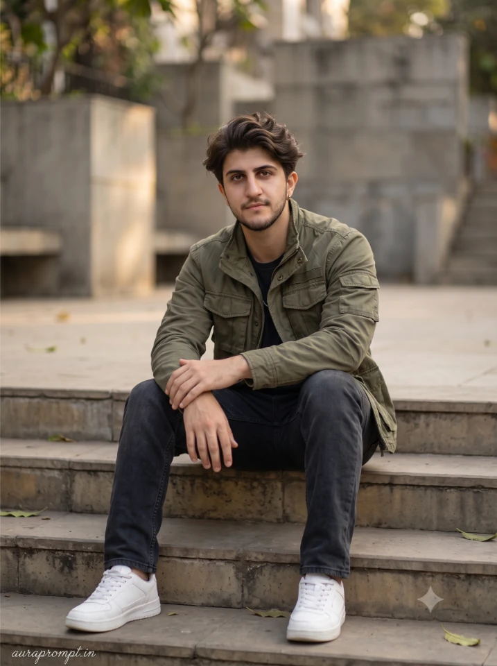 ChatGPT photo editing prompt for boys young Indian man in olive cargo outfit sitting on concrete steps with soft afternoon light and realistic skin texture