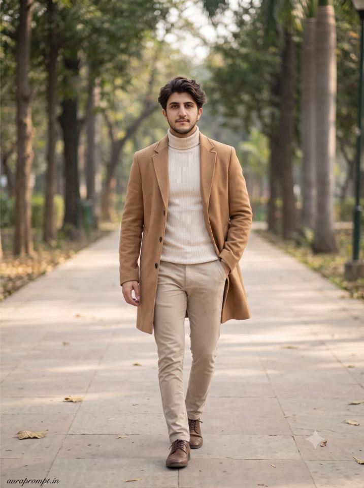 Realistic boy photo editing prompt young man in camel overcoat walking through a tree-lined path with soft diffused daylight and natural skin texture visible