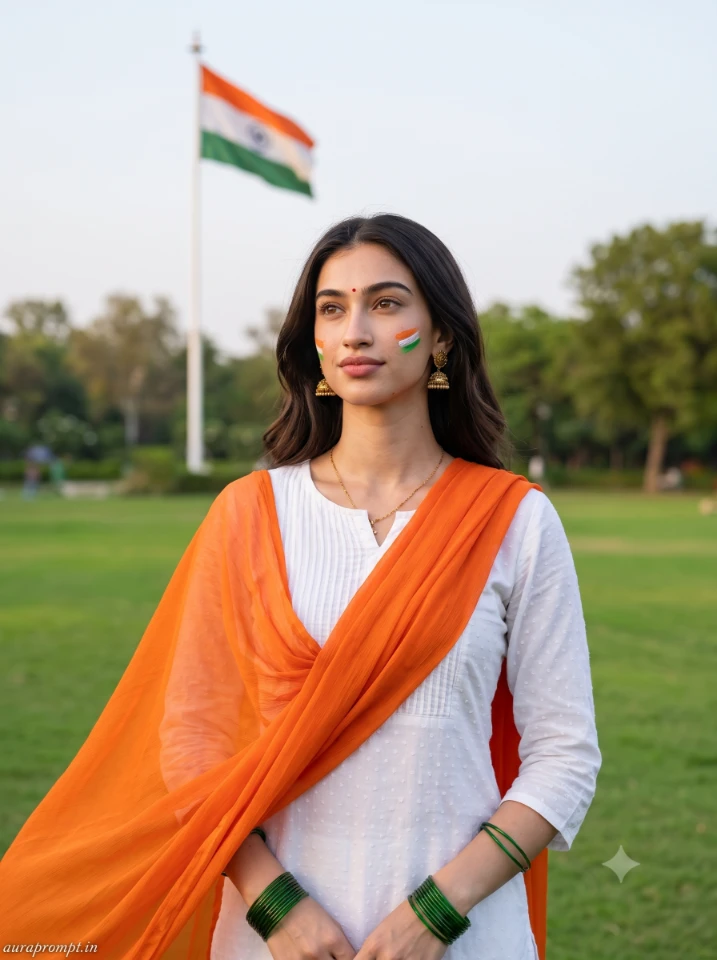 Indian girl in white kurti and saffron dupatta holding Tiranga flag in cinematic AI portrait from Gemini AI photo prompt