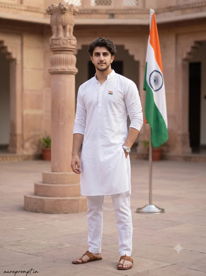 Young Indian man in white kurta holding tricolor Indian flag generated using 15 August AI Photo Editing Prompts in Gemini AI