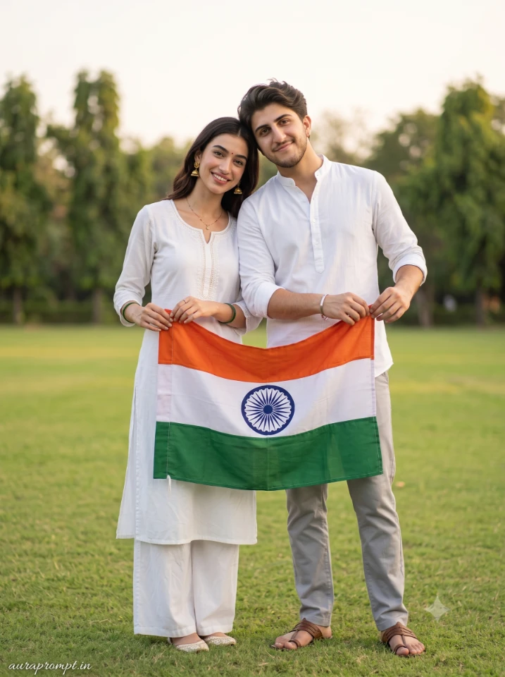 Indian couple holding full Indian National Flag together in cinematic outdoor portrait generated with 15 August ChatGPT photo editing prompt