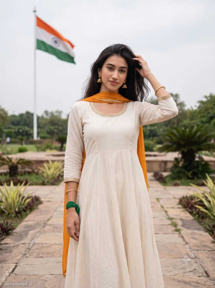 Elegant Indian woman in ivory Anarkali with tricolor accessories in patriotic AI portrait using 15 August Gemini AI photo prompt